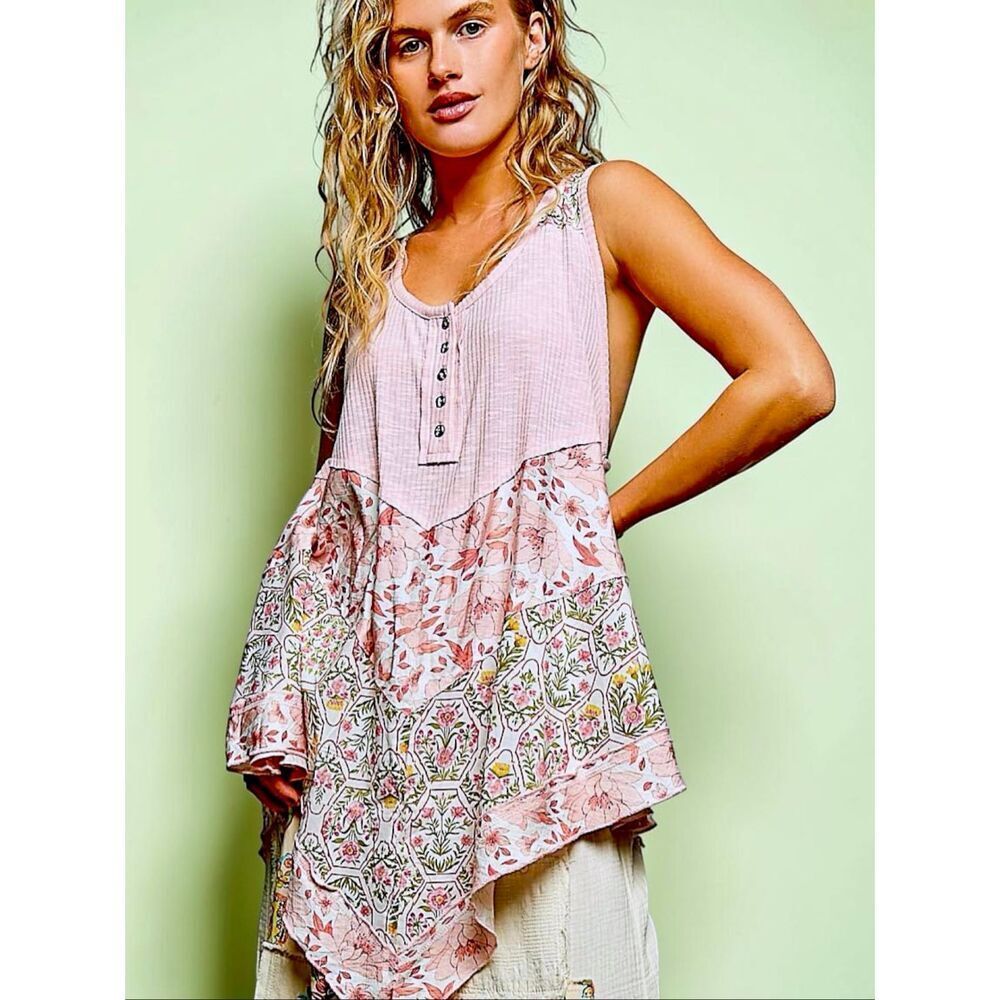 POL Blush Pink Floral Patchwork Ribbed Tank Tunic Boho Flowy Medium NEW